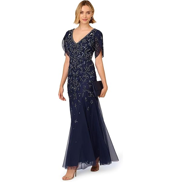 Amazon.com: Marina Women's Long Embroidered V Front and Back Gown, Navy, 10  : Clothing, Shoes & Jewelry