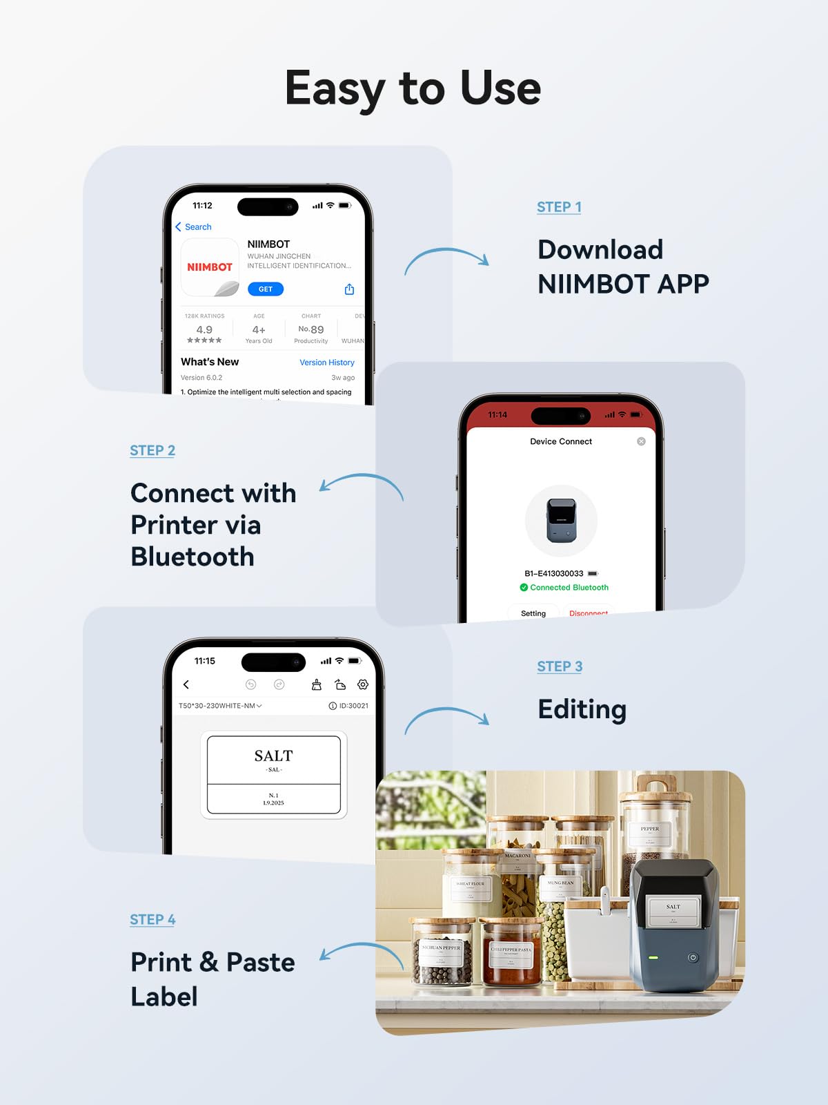 NIIMBOT B1 Label Maker Machine with Tape, 2 Inch Portable Label Printer, Bluetooth Thermal Label Printer with Multiple Templates for Small Business,Office,Home,School (Blue, 1 Printer+1 Roll Label)