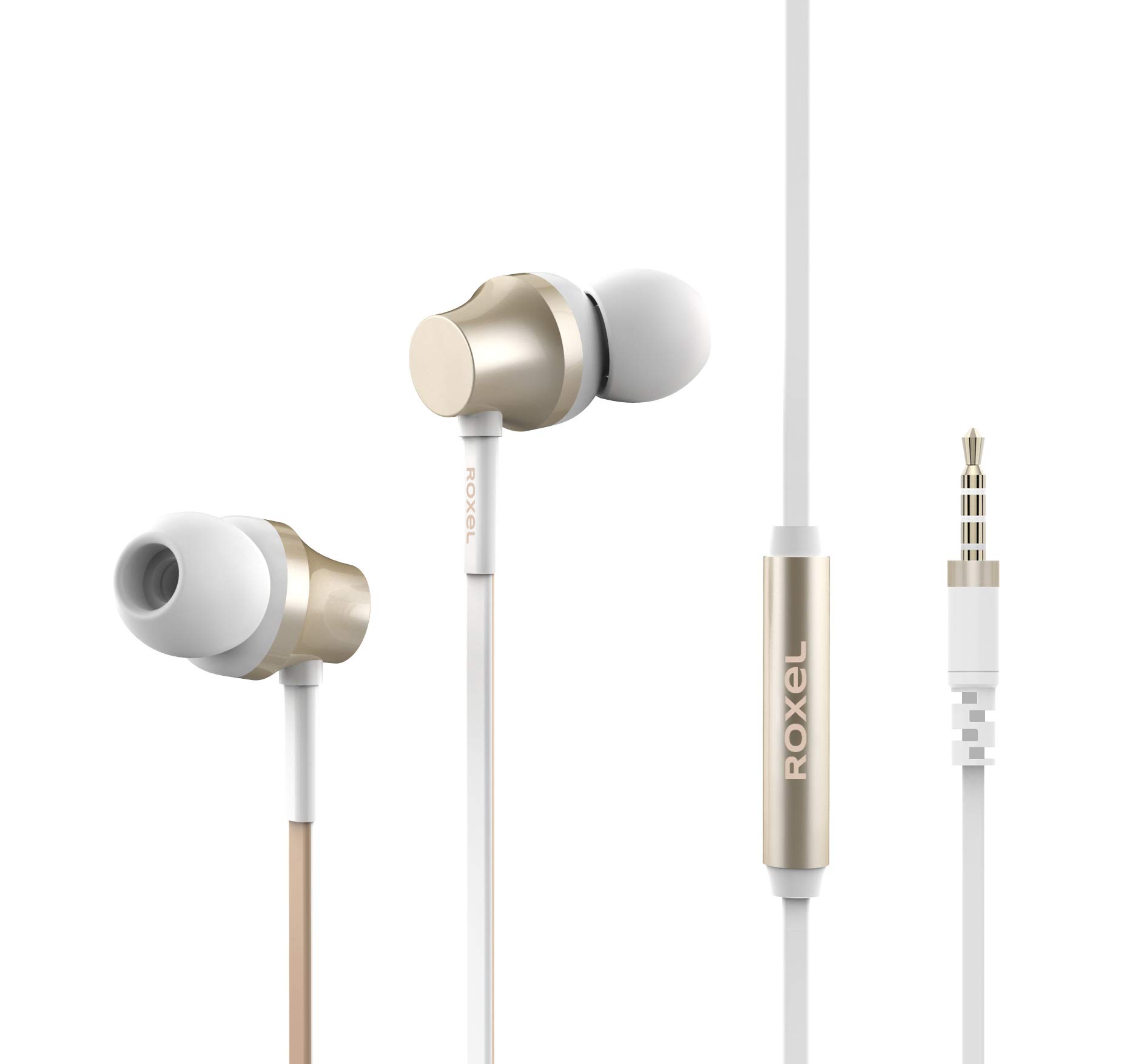 Roxel EF100 Ergonomic Fit In Ear Noise Isolating Earphone, Deep Bass and Rich Vocals with Built in Microphone, Tangle Free Flat Cable in ear Headphone for IOS and Android devices (Gold)