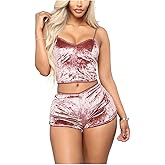 AWIBMK Women's Velvet 2 Piece Outfit Spaghetti Strap Sleeveless Crop Top Camisole and Shorts Pajamas Set Sleepwear Nightwear