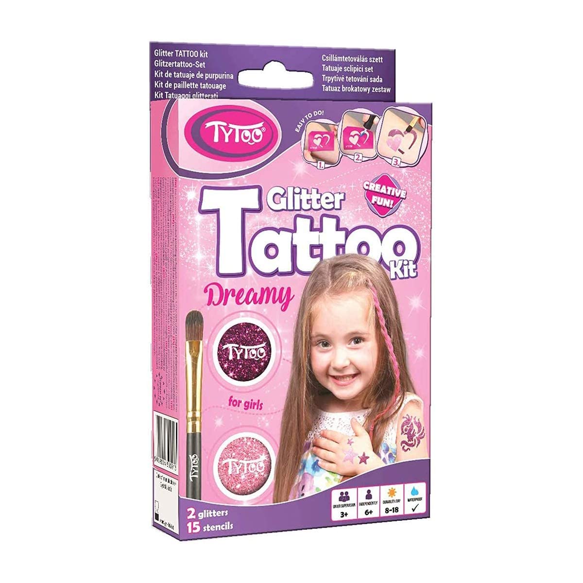 Glitter Tattoo Kit for Girls with 15 amazing stencils - HYPOALLERGENIC AND CRUELTY FREE - 8-18 lasting temporary tattoos