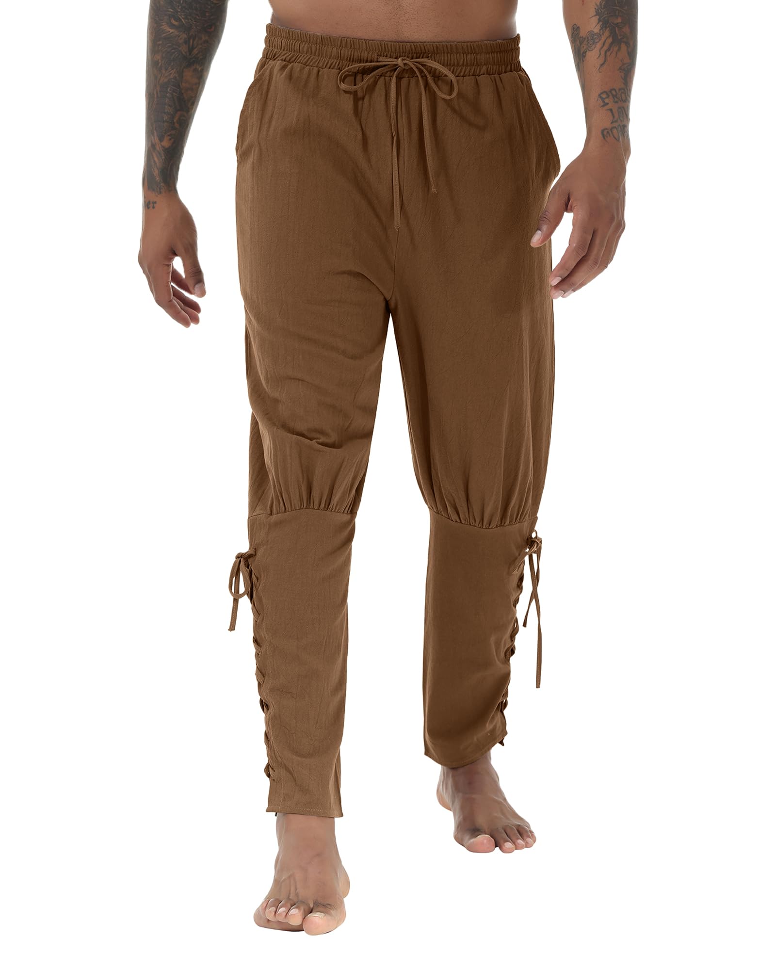 YAOHUOLE Linen Pants for Men - Medieval & Renaissance Costume - Brown XL