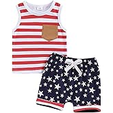 4th of July Baby Boy Outfit Stripes & Stars Print Vest Top and Drawstring Shorts 2 Piece July Fourth Clothes Set