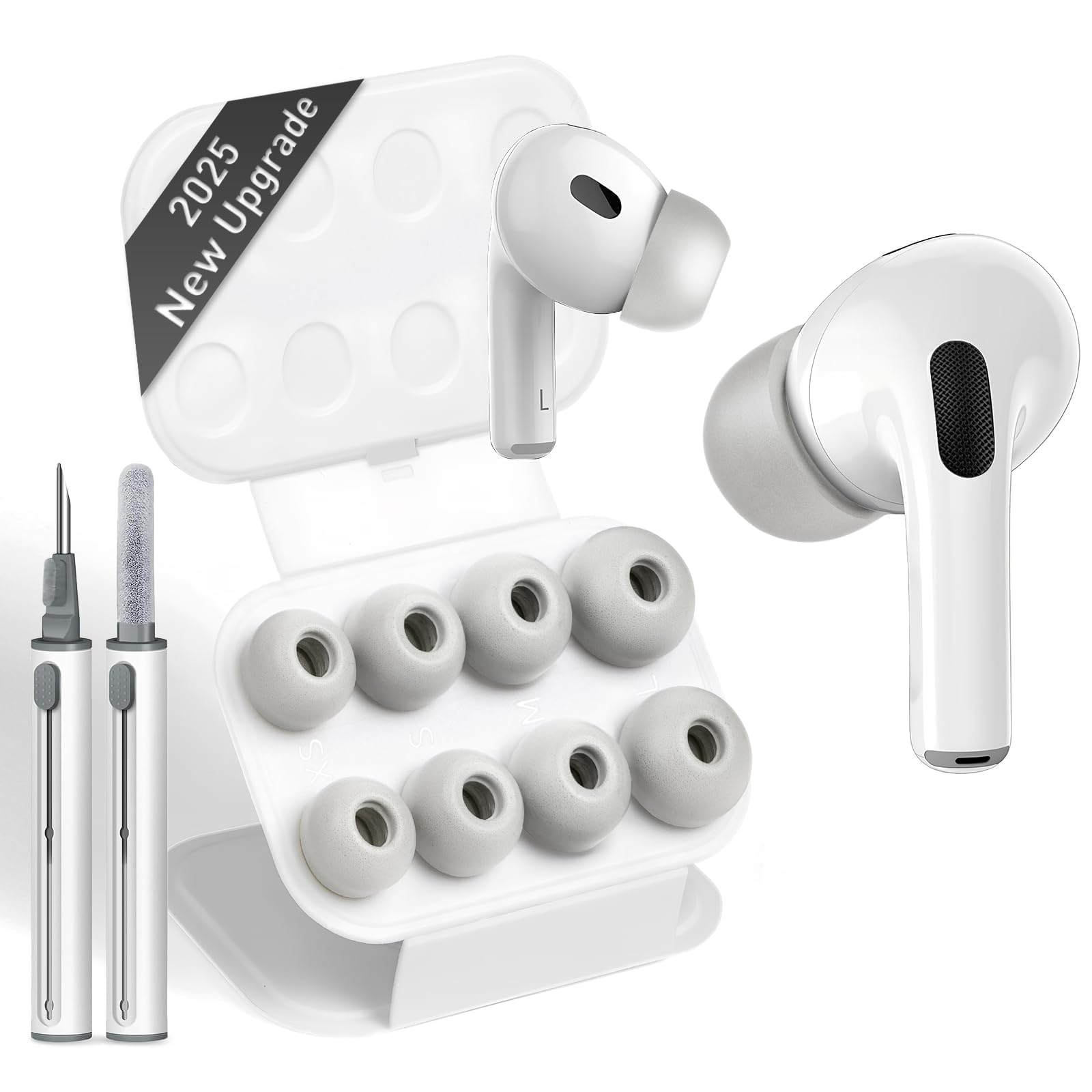 Photo 1 of *MINOR DAMAGE - USED*
Vsagier Memory Foam Ear Tips for AirPods Pro 1st & 2nd Gen, No Silicone Eartips Pain, Better Noise Cancellation, Replacement Buds with 3 in 1 Cleaner Kit and Fit in Charging Case-(White, XS/S/M/L)
