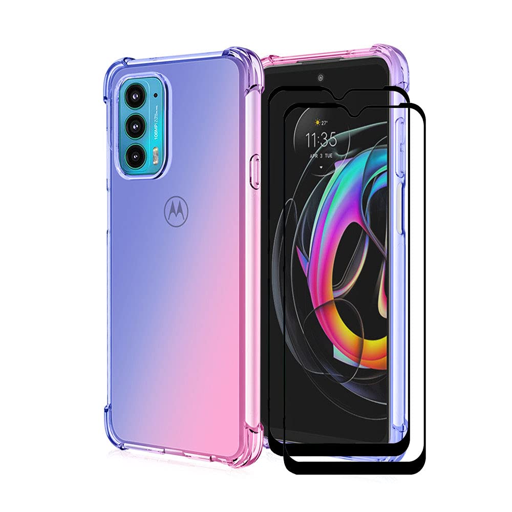RonRun Case for Motorola Moto E20 with 2 Tempered Glass Screen Protector TPU Anti Scratch Clear Gradient Color Protective Cover blue pink