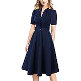 VFSHOW Womens 2024 Summer Work Business Dresses Belted Buttons Office Church Pockets Midi Fit and Flare A-Line Dress (Navy Blue, Small) 11357 BLU S