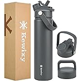 KEWIXY 24 oz Insulated Water Bottle, 2-in-1 Lid, Straw & Spout with Protected, Leak Proof, Keep Cold, Stainless Steel, Metal, Reusable, Handle, for Travel, Gym and School, 2 Lids, Char Gray