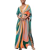 IMAGEKOPE Moroccan Print V-Neck Batwing Kaftan Women's Plus Size Loose Fit Beach Dress Bathing Suit Cover Up Loungewear