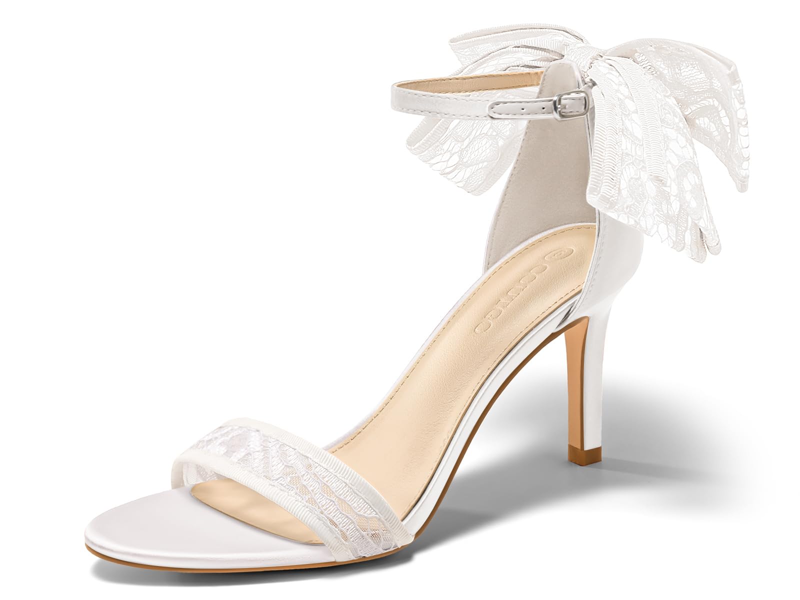 Photo 1 of Coutgo Womens High Heels Sandals Lace Bow Tie Back Open Toe Ankle Strap Sexy Stiletto Wedding Party Dress Shoes, White, Size 9.5