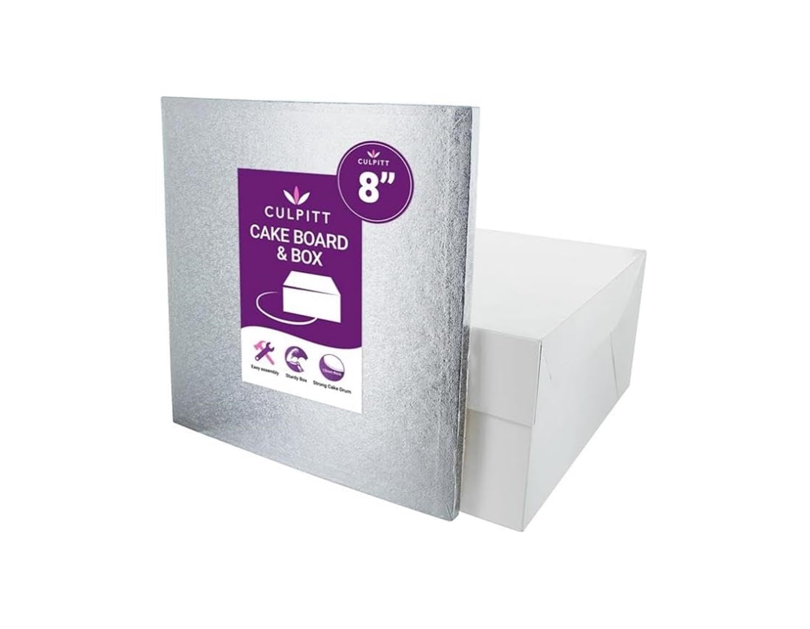 Culpitt 8" (20cm) Square Silver Cake Drum Board & White Cake Box Combo For Storage & Transport