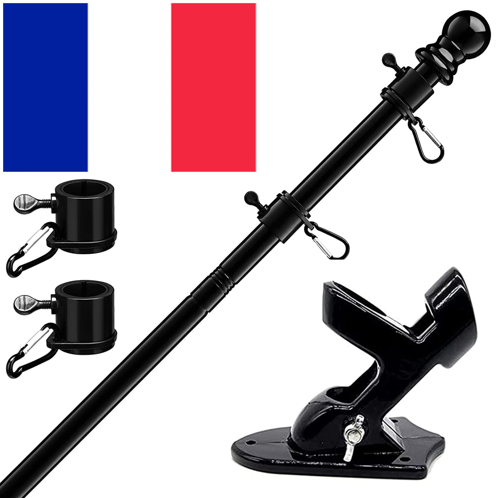 HORSE SECRET Black Aluminium Flagpole with 150 cm Stainless Steel Holder, Stainless Steel Flag Pole Kit with Rotating Rings / Including 150 x 90 cm France Flag