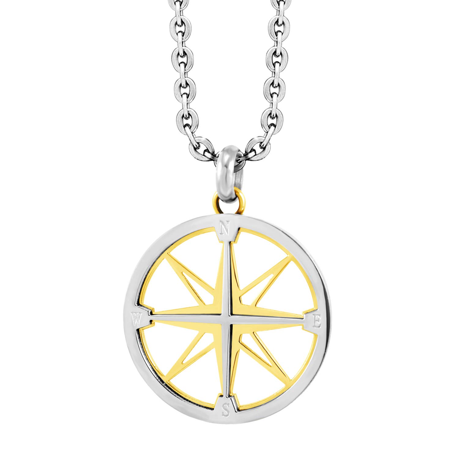 555Jewelry Unisex Stainless Steel Navigator Navigation Compass Pendant Necklace (Silver & Gold)
