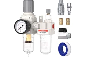 AIRZOE 1/4" NPT Compressed Air Filter Regulator Lubricator Combo, Air Compressor Water Separator AC2010-02,5 Micron Brass Element Semi-Auto Drain,0-145 psi Gauge