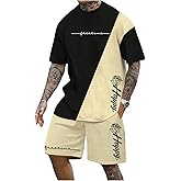 SOLY HUX Men's Tracksuits Color Block Print Short Sleeve Tee and Drawstring Shorts Summer 2 Piece Sets