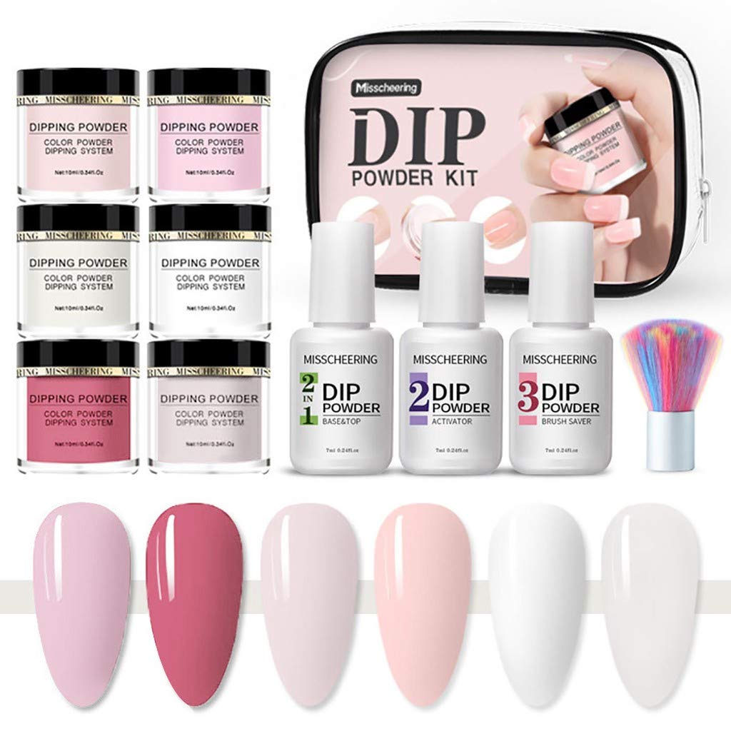 Dipping Powder Collection Nail Starter Kit of 6 Colors for French Nail Manicure Nail Art Set Essential Kit, 6pc Dipping Powder, 3pc 7ML Liquid, No UV Lamp, Easy to Apply (Multi)