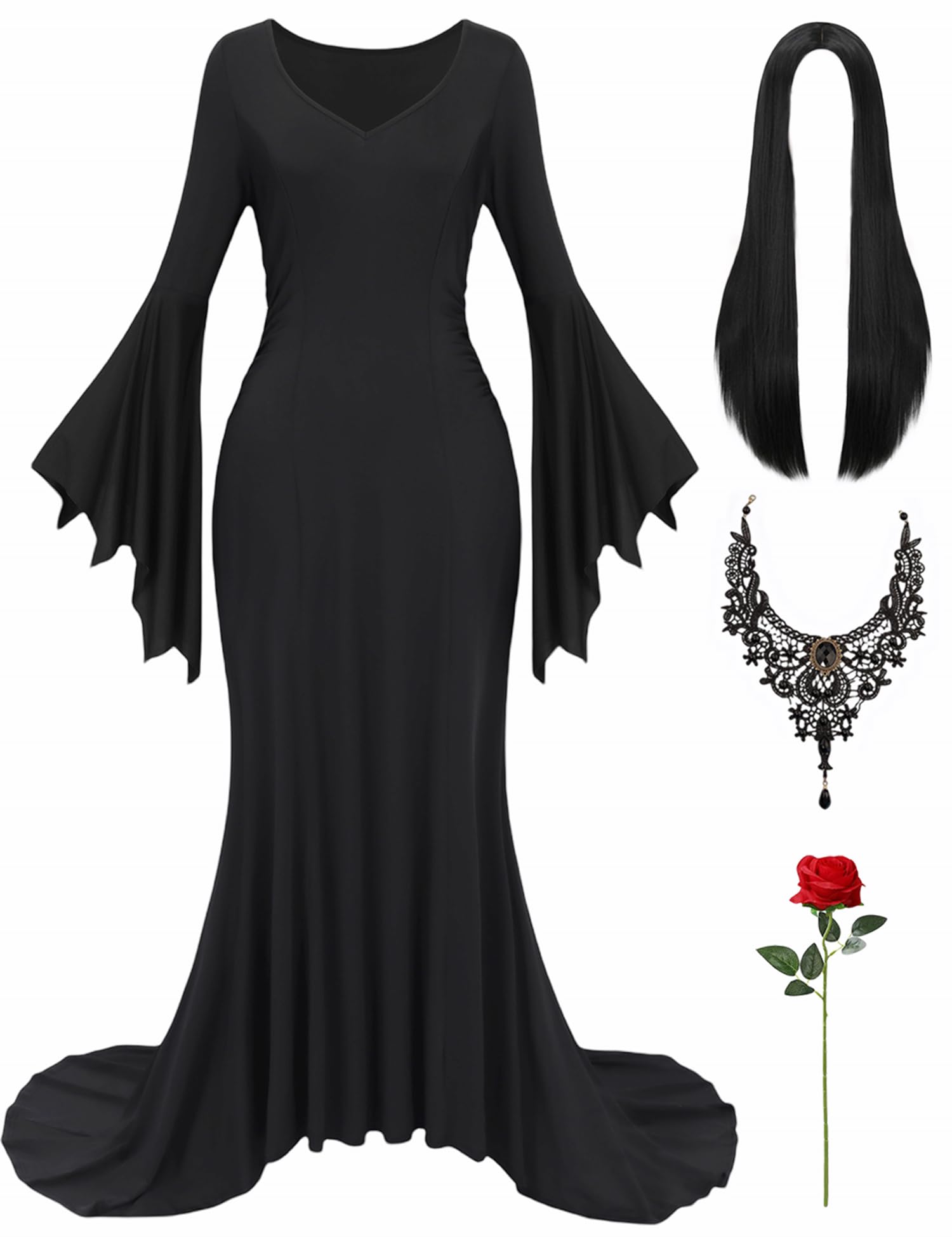 Photo 1 of ***(MISSING PIECES -SELLING AS IS)*** RAAIBB Halloween Costume Women Adult Long Black Dress with Gothic Necklace Long Wig Rose Flower Retro Black Gothic Dress for Costume