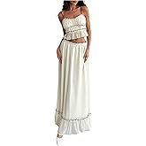 SOLY HUX Women's Skirt Sets 2 Piece Outfits Contrast Trim Ruffle Hem Cami Tops and Maxi Skirt Vacation Set