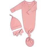 Newborn Baby Knotted Gown, Super Soft Silky Infant Long Sleeve Sleeper with Tie Bottom, Baby Girl and Boy Sleep Gown with Mittens, Bow, and Hat Set,Coming Home Outfit[Sweet Pink,0-3 Months]