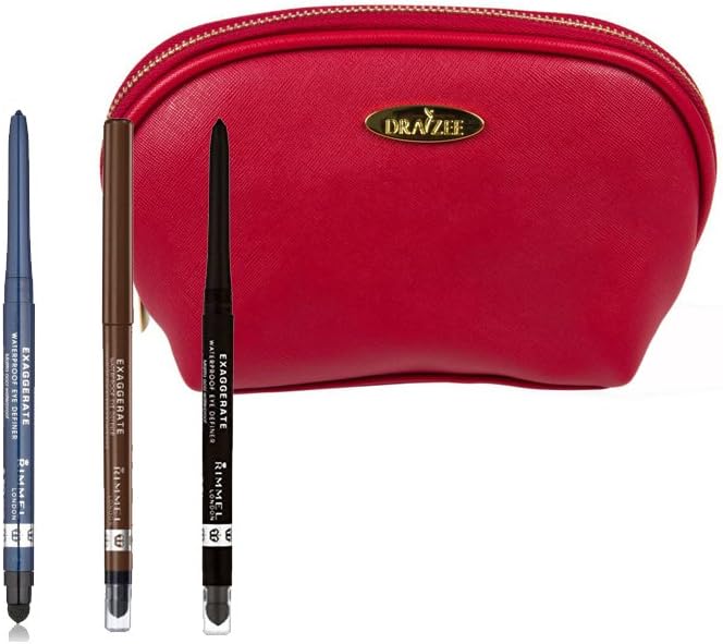 Rimmel Exaggerate Waterproof Eye Definer Kit with Three Colors Rich Brown, Deep Ocean and Noir with Deep Red Draizee Leather Cosmetic Bag