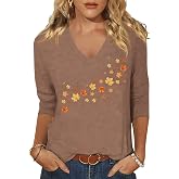 Fall Halloween 3/4 Sleeve V Neck Shirt for Women Funny Doodles Spooky Season Family Party Matching Casual Tops