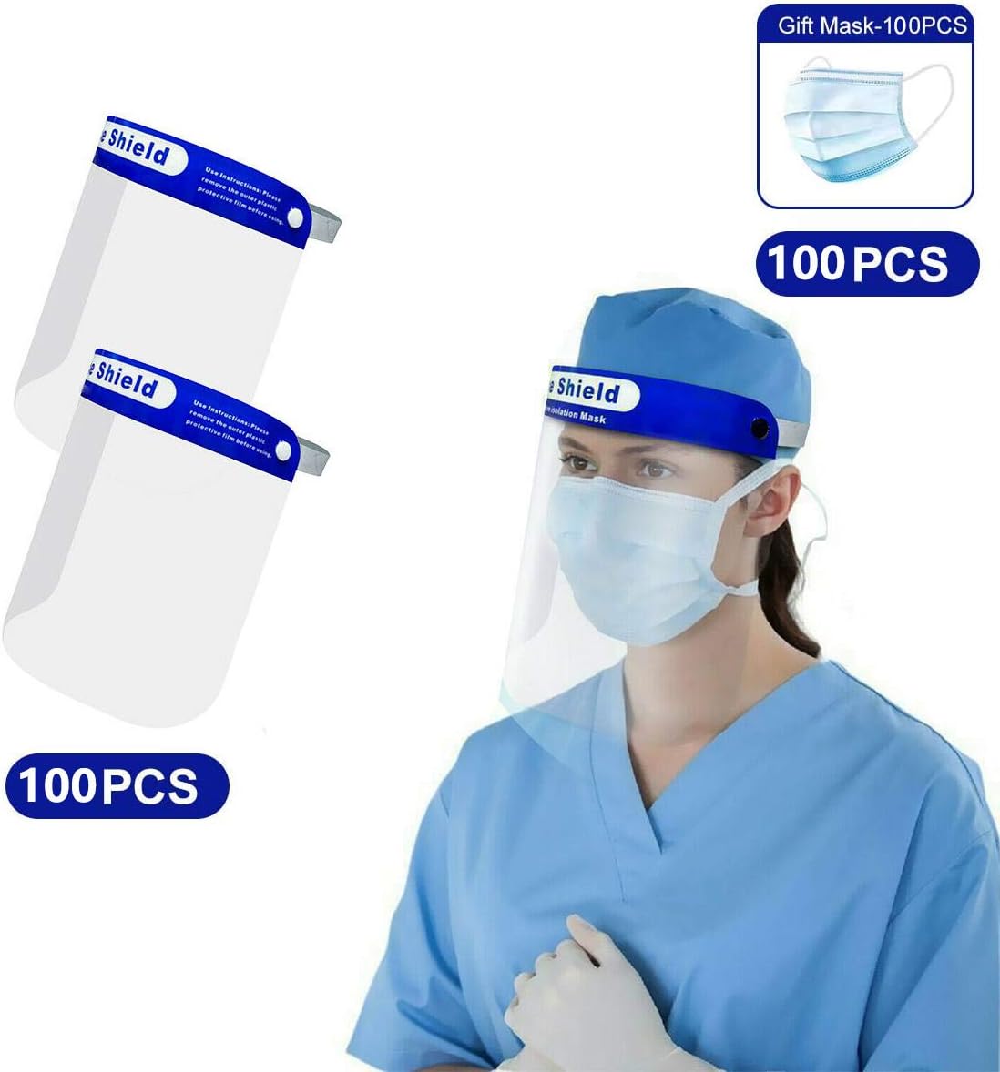 CANOZ Disposable Plastic Face Shield Safety Face Shield 100pcs, with Eye & Head Protection, Anti-Spitting Splash Facial Cover