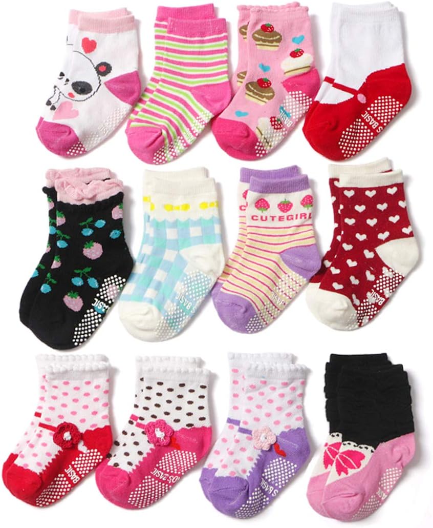 12-36 Months Cozy Anti Slip Socks with Grips For Baby Toddlers Kids Girls - 12 Pairs