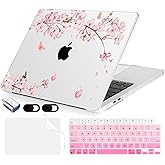 MecBevia Compatible with MacBook Air 13.6 inch Case, M4 A3240/M3 A3113/M2 A2681 (Released 2025 to 2022), Hard Shell, Keyboard Cover, Screen Protector, Webcam Cover & Type-C Adapter, Butterflies Sakura