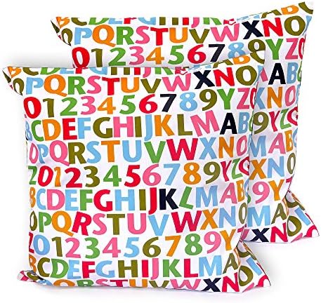 CushionArt Two Kids Throw Pillow Cases for Baby, Toddler or Kids Nursery - Kids Playroom Decorative Pillow Covers - White ABC123 - 18x18in - Set of 2