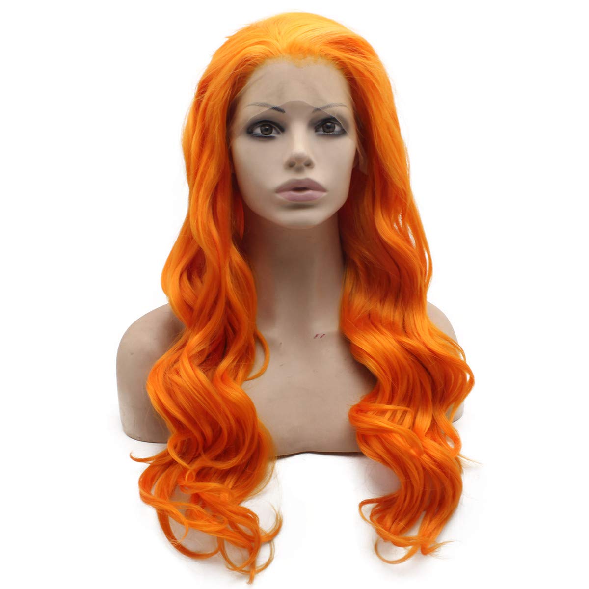 Iwonawig Long Wavy Bright Orange Hand Tied Swiss Lace Front Wig Synthetic