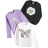 VeryNew 3-Pack Girls Long Sleeve T-Shirt for Fall,Soft Cotton Toddler Top,Cute Graphic Tee for Kids (2-12Y)