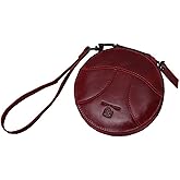 Genuine Leather Patchwork Retro Round Coin Purse Change Pouch Small Slim Clutch Wristlet RFID Blocking Wallet (Burgundy)