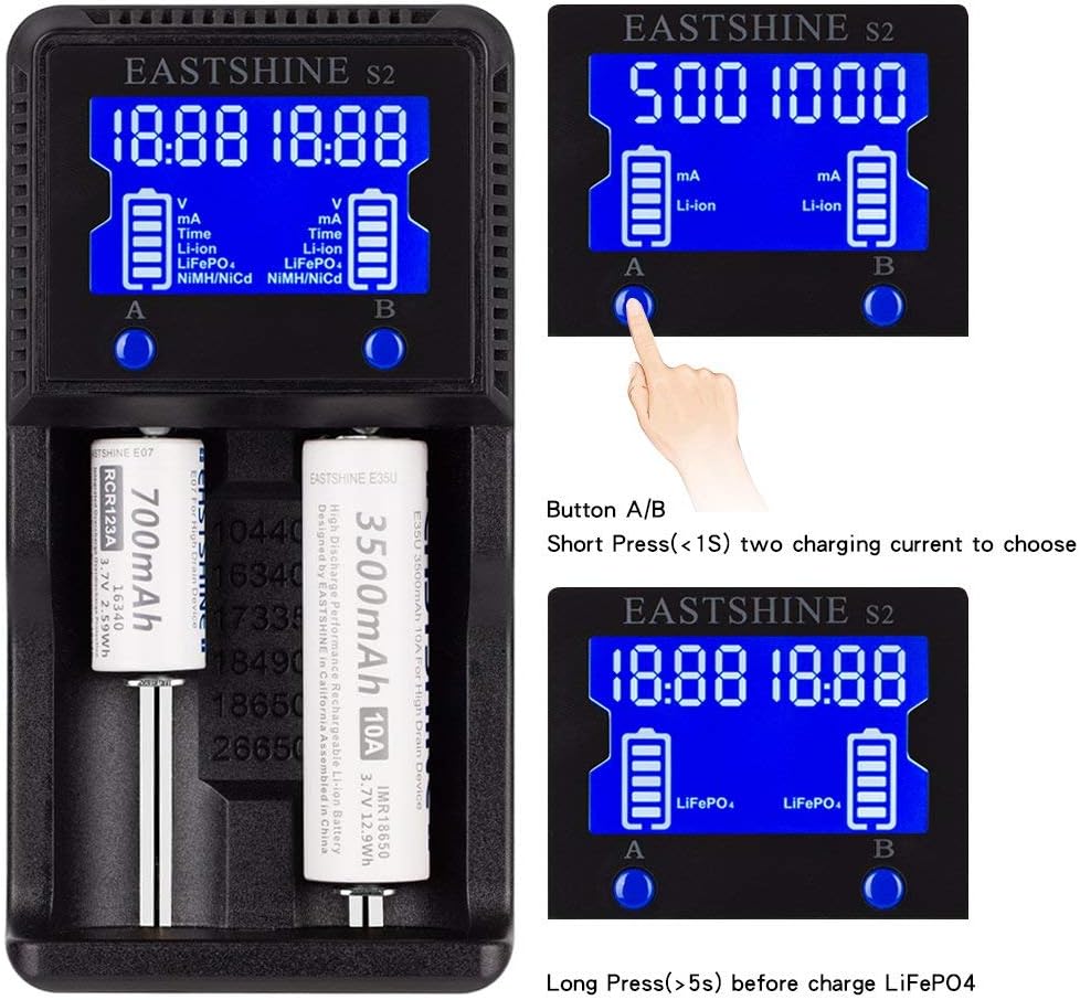 Universal Battery Charger EASTSHINE S2 LCD Display Speedy Smart Charger for Rechargeable Batteries Ni-MH Ni-Cd AA AAA Li-ion LiFePO4 IMR 10440 14500 16340 18650 RCR123 26650 18500 17670 & Car Adapter: Electronics