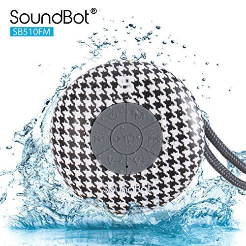 SoundBot SB510FM FM RADIO Water Resistant Bluetooth Wireless Shower Speaker with Built-in Mic, Detachable Suction Cup & Lanyard - Houndstooth