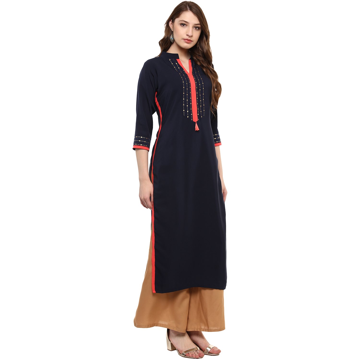 ziyaa women's blue colour 3/4th sleeve crepe straight kurta