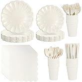 PEDOBALI 420 Pcs Scalloped Paper Plates Set with Disposable Napkins and Plastic Spoons Forks Knives Tableware, Cocktail Paper Cups Shell Edge Plates for 60 Guests, for Wedding Birthday Party