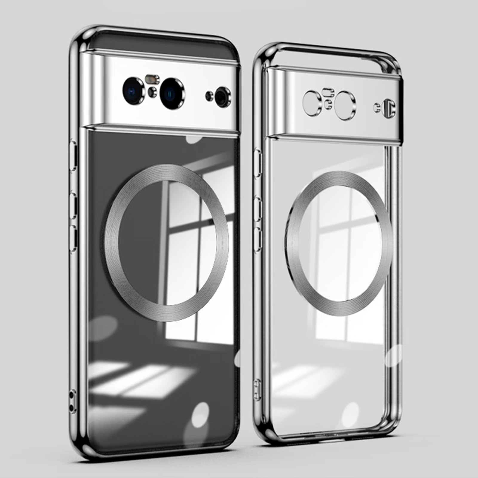 Jeelar ESONG Magnetic Clear for Google Pixel 8 Case with MagSafe[Wireless Charging][Camera Lens Cover Protection] Silicone Shockproof Protective Phone Cover[Non-Yellowing/Anti-Fingerprint]-Silver