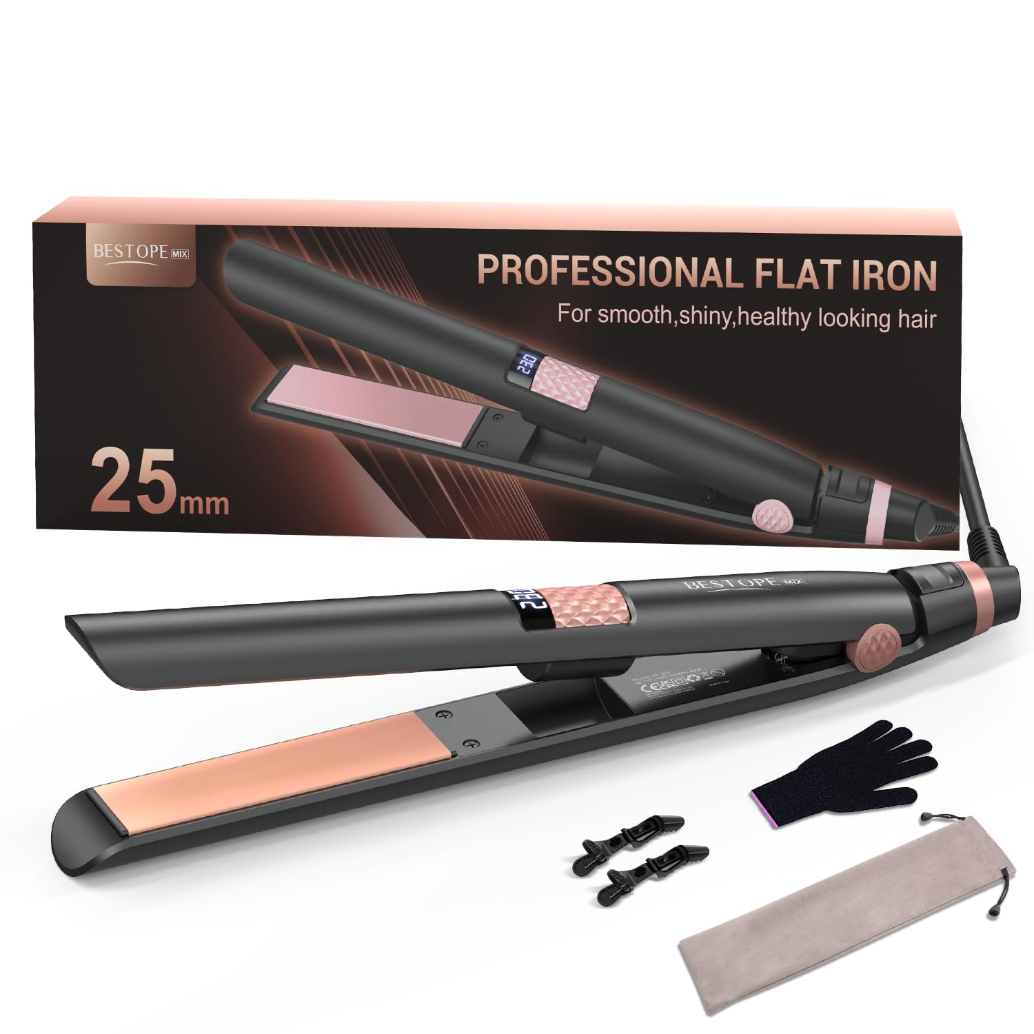 BESTOPE MIX Glätteisen, 25MM Glatteiseisen Locken und Glätten 2 in 1 Keramikbeschichtung LCD-Display, Ultra Schnelles Aufheizen für dickes, krauses und langes Haar, Haarglätter 80-230°C, Schwarz