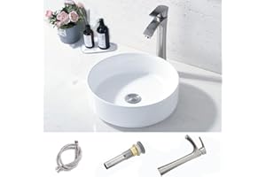 Round White Bathroom Vessel Sink - HLBLFY Ceramic Round 14.2x14.2 Inch Modern Ceramic Vessel Vanity Sink Art Basin with Brushed Faucet and Drain Comb