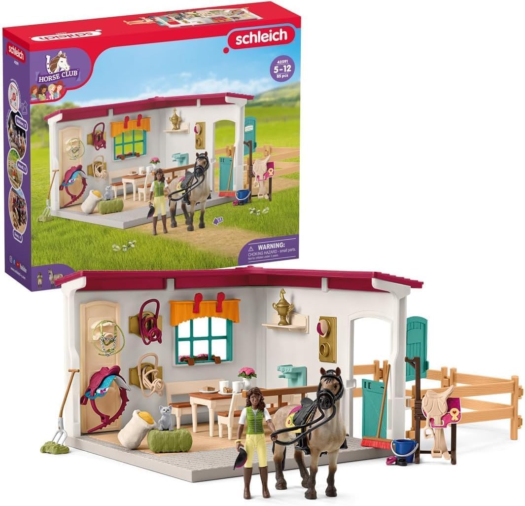 SCHLEICH Horse Club - 85 PC Tack Room Stable Extension Toy Playset with Rider Action Figure, Horse Figurine and Accessories for Girls and Boys - Interactive, Realistic Kids Toys Ages 5+ - 42591