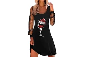 Christmas Midi Dress for Women Mesh Long Sleeve Tshirts Dress Funny Red Wine Glass Graphic Print Xmas Holiday Dresses