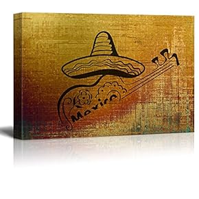 Canvas Print Wall Art - Mexican Style Hat and Guitar on Abstract Background - Gallery Wrap Modern Home Art | Ready to Hang - 12x18 inches