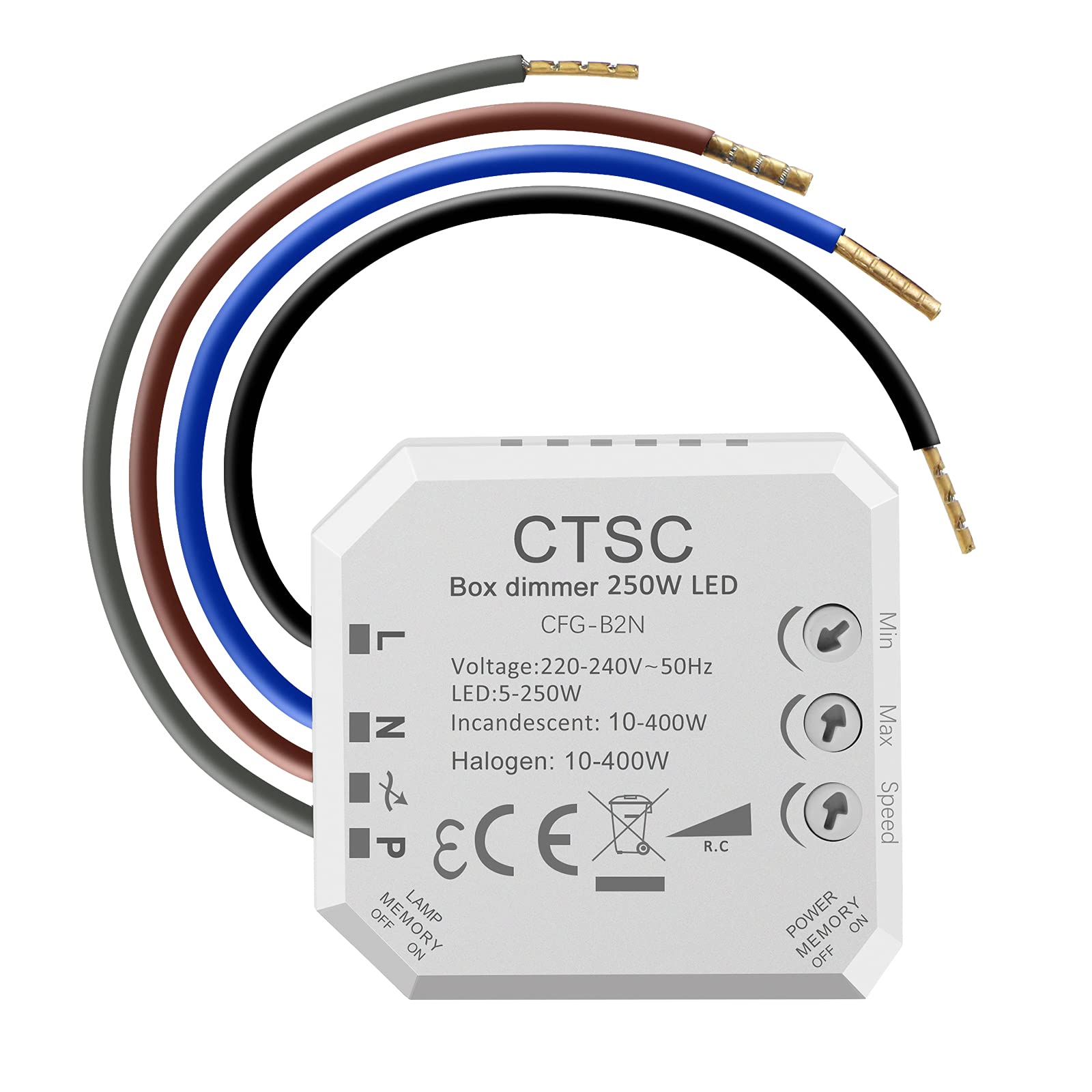 CTSC Trailing Edge LED Dimmer (5-250W LED, 10-400W Halogen) - TRIAC Switch, Rotary Actuator, Weiß, ON-OFF Operation