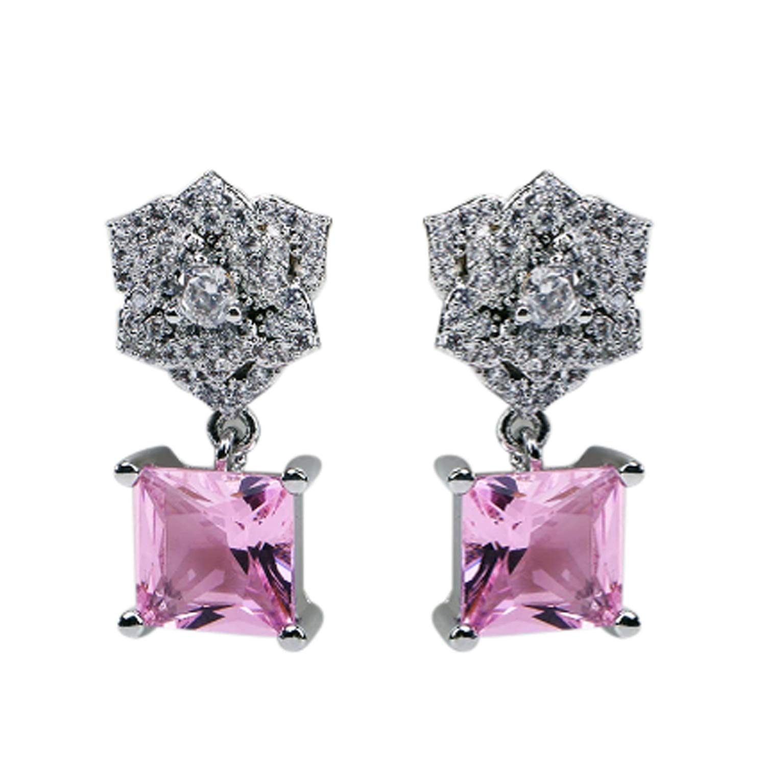 IzuBizu London Women's 925 Sterling Silver Pink Rose Flower Stud Earrings Cubic Zirconia Diamond Engagement Ear Drops Anniversary Easter Party
