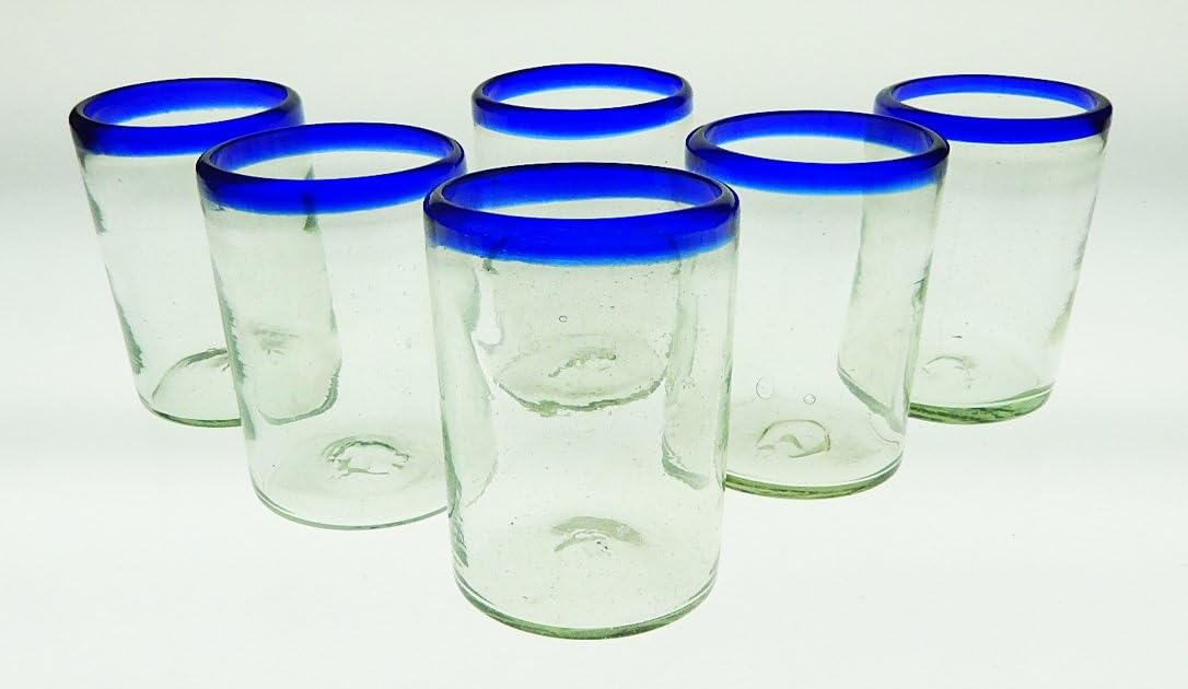Mexican Glasses Blue Rim Tumblers, Set of 6, 16 Oz