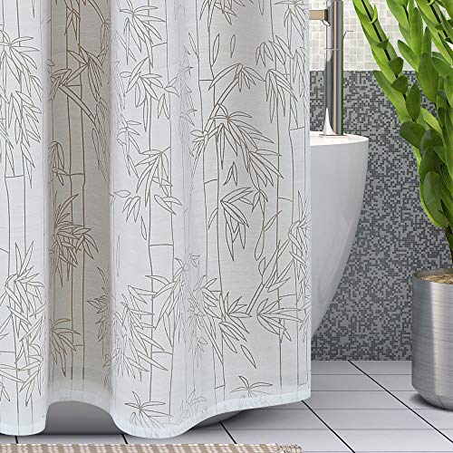 Bayside Wind White Burnout Fabric Shower Curtain for Bathroom, Bamboo Forest Pattern, Tan Waterproof Lining, Machine Washable - 72W x 72L