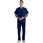 Uniforms World Elvis Scrubs Set for Men — Classic V-Neck Stretch Top & Straight Pants, Elastic Waistband, 7 Pockets