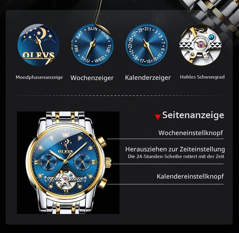 OLEVS Uhr Herren Automatik, Automatik Uhr Herren mit Mondphasenanzeige & Offenem Herzwerk, wasserdichte Herrenuhr Automatik Edelstahl, Uhren Herren für Alltag & Feierlichkeiten 6