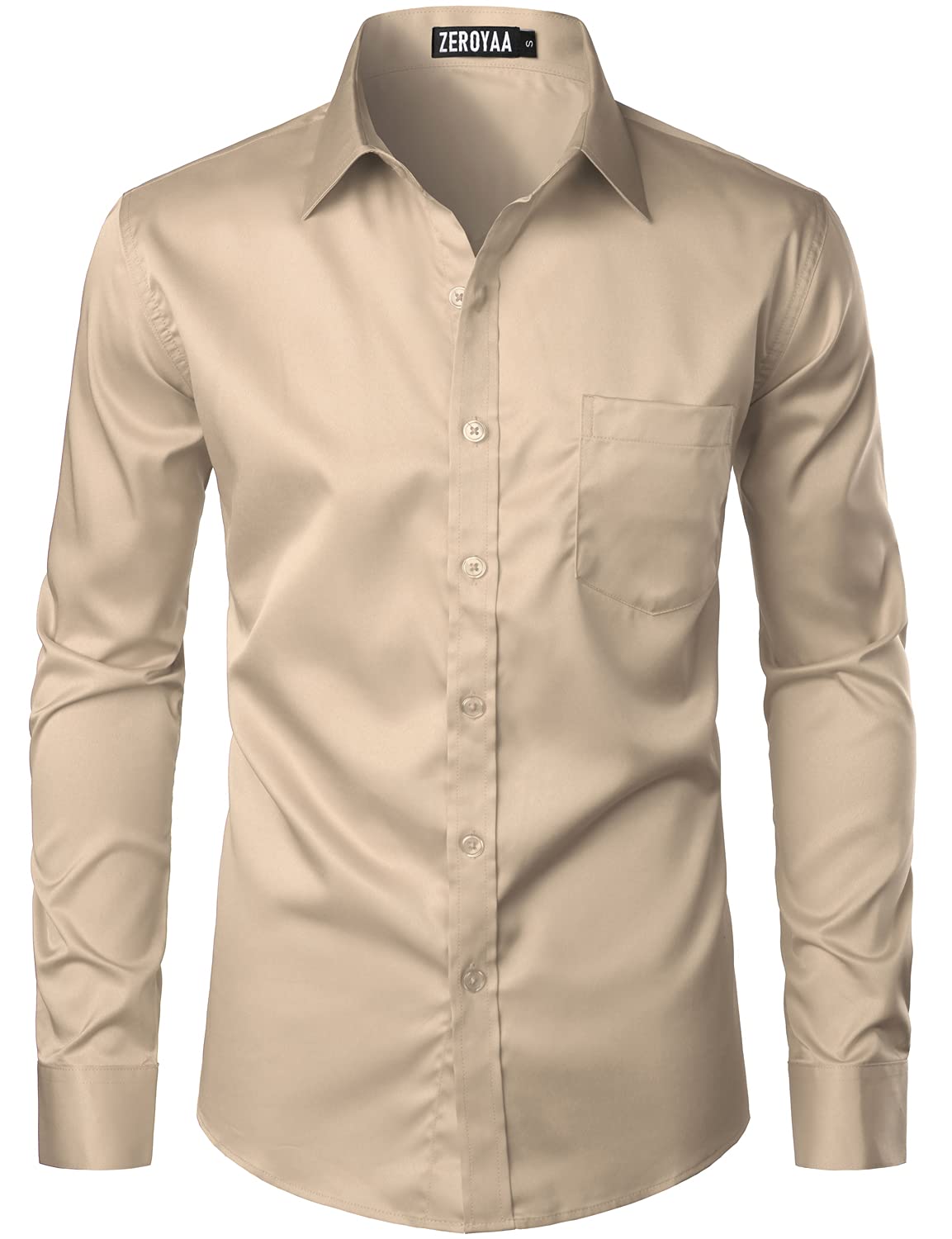 Photo 1 of ZEROYAA Men's Urban Stylish Casual Business Slim Fit Long Sleeve Button Up Dress Shirt with Pocket ZLCL29 Khaki Large