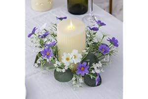 RSACCSKY 2 Pcs Candle Rings Wreaths,Artificial Daisy Flowers with Green Leaves Flower Candle Rings Candleholders Garland for Pillar Centerpiece Party Table Decor,3inch Center Diameter (Purple)