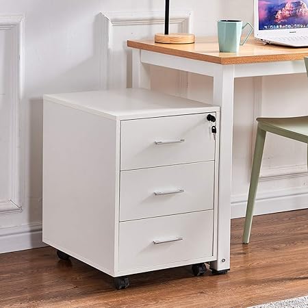Ansley Hosho Office White Unit Storage Cabinet 3 Drawers With Lock Wood Mobile Under Desk Pedestal Side File Document Organize Drawers Cabinet With Wheels Small Space Amazon Co Uk Kitchen Home